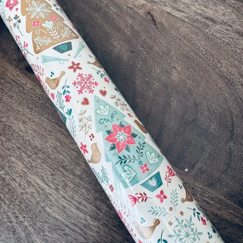 Holiday Trees Snowflakes Hearts Print Christmas Gift Wrap Wrapping Paper Roll
